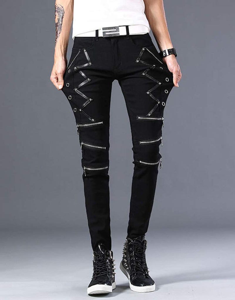 Idopy Men`s Punk Gothic Night Club Party Buckles Motorcycle Pants Biker Jeans (30, Black 1610) - Image 3